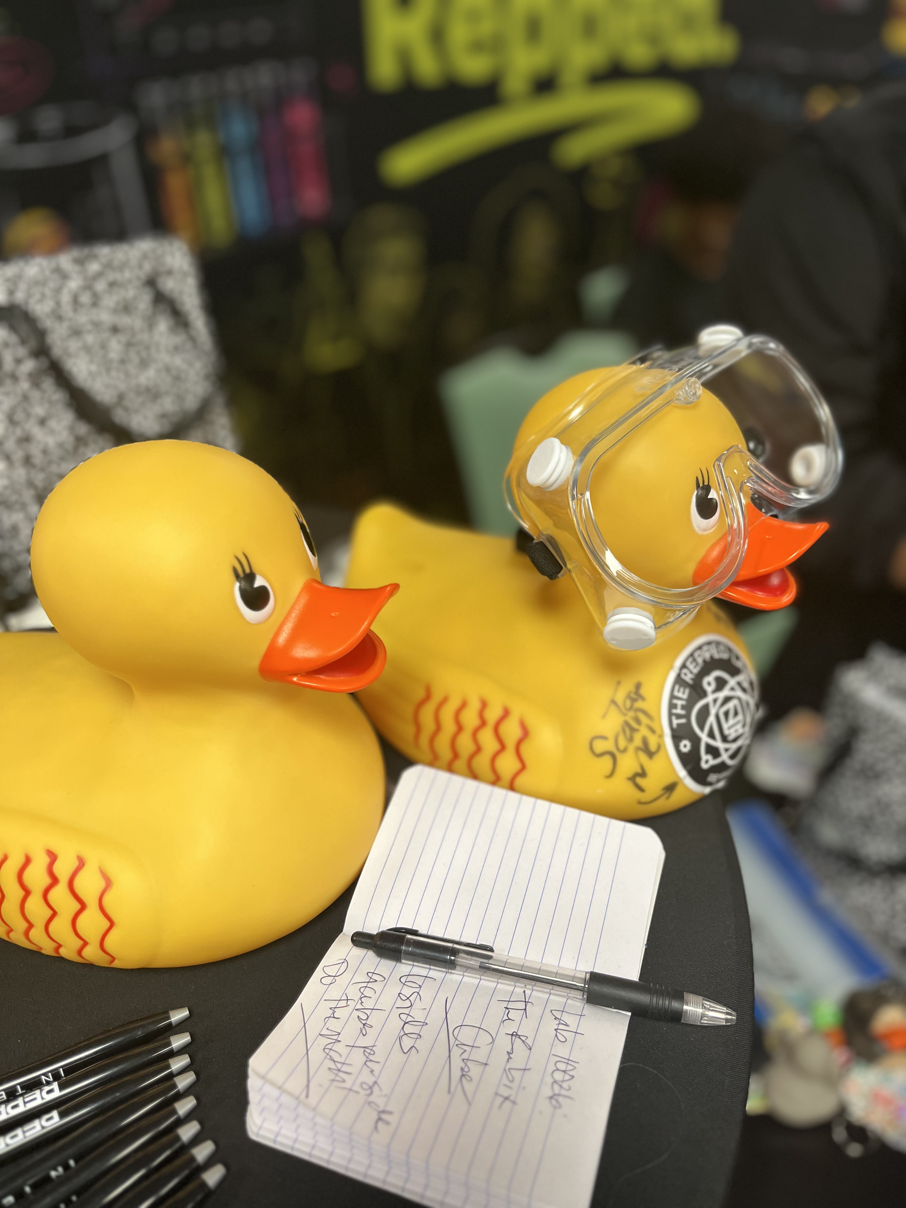 Lab duck in safety goggles